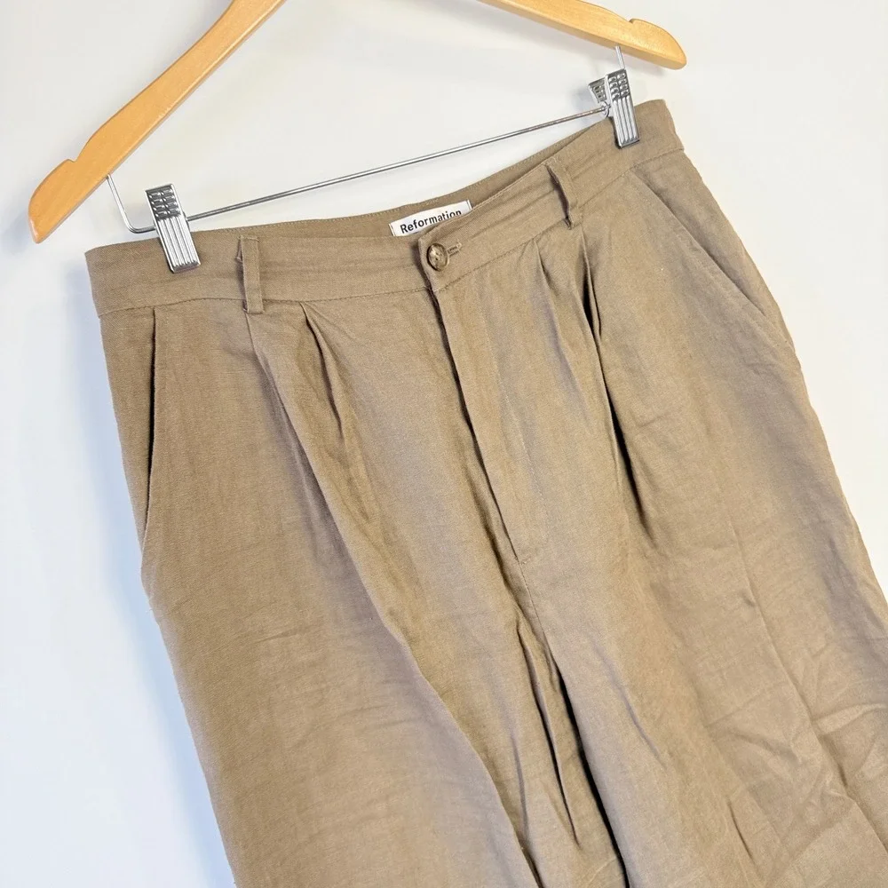 Reformation Mason Pants Women 10 Tan $188 100% Linen High Rise Wide Leg
